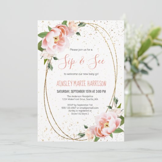 Gold Blush Floral Sip & See Baby Girl Shower Kaart (Staand voorkant)