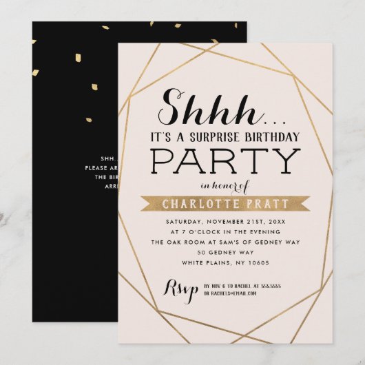 Gold Blush Geometric Shh Surprise Birthday Party Kaart (Voorkant / Achterkant)