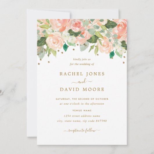 Gold Blush Perzik Bloemen Waterverf bruiloft Uitno Kaart (Voorkant)