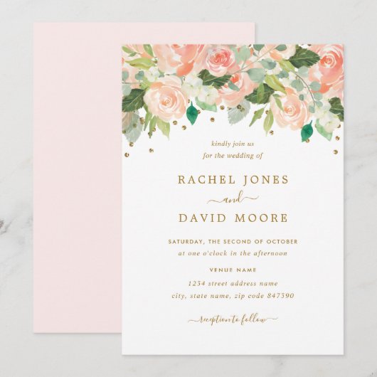 Gold Blush Perzik Bloemen Waterverf bruiloft Uitno Kaart (Voorkant / Achterkant)
