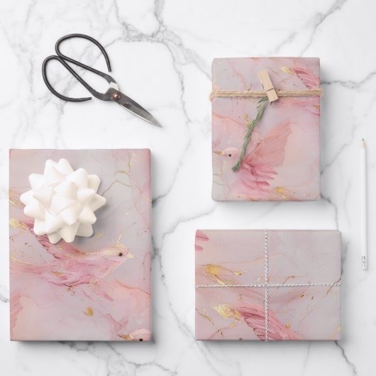 Gold Blush Pink Birds Baby shower Inpakpapier Vel (Voorkant)