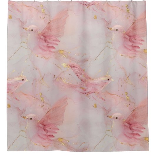 Gold Blush Pink Birds Douchegordijn (Voorkant)