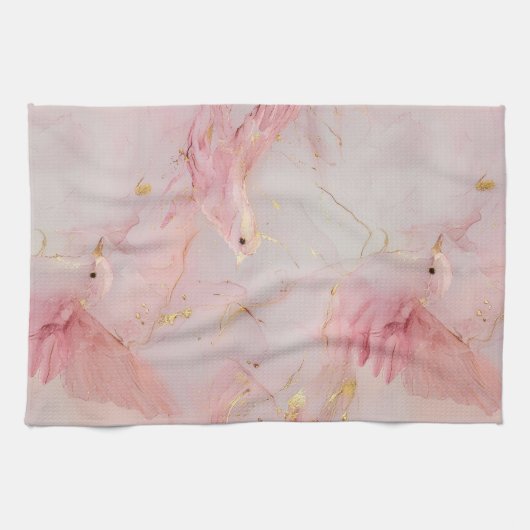 Gold Blush Pink Birds Theedoek (Horizontaal)