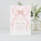 Gold Blush Pink Bow Baptism Bedankkaart (Staand voorkant)