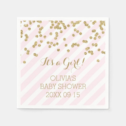 Gold Blush Pink Confetti Stripes Baby shower Servetten (Voorkant)