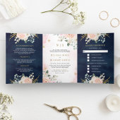 Gold Blush Pink Floral All in One Navy Weddenschap Drieluik Uitnodiging