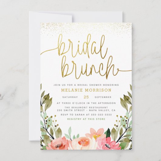 Gold Blush Pink Floral Bridal Brunch Vrijgezellenf Kaart (Voorkant)