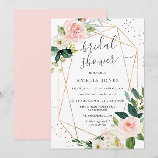 Gold Blush Pink Floral Bridal Shower Kaart (Voorkant / Achterkant)