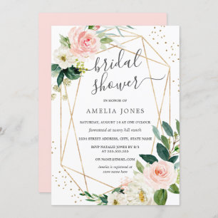 Gold Blush Pink Floral Bridal Shower Kaart