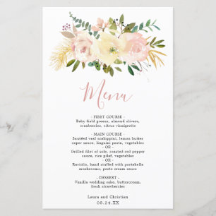 Gold Blush Pink Floral Elegant Wedding Menu