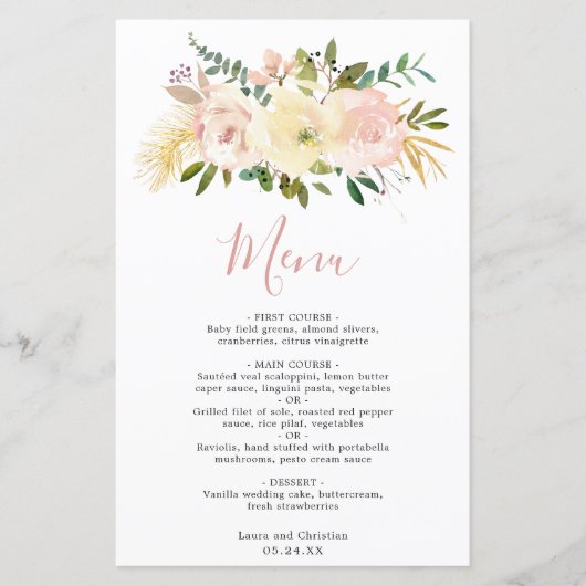 Gold Blush Pink Floral Elegant Wedding Menu (Voorkant)