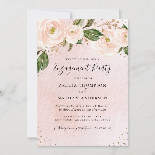 Gold Blush Pink Floral Engagement Party Kaart (Voorkant)