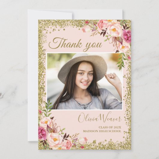 Gold Blush Pink Floral Foto Afstuderen Hartelijk d Kaart (Voorkant)