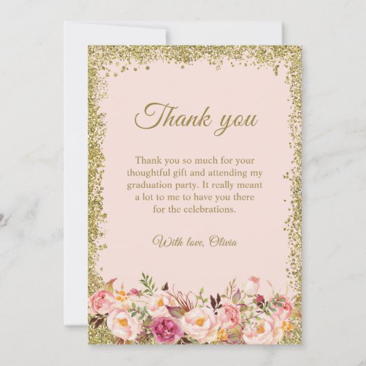 Gold Blush Pink Floral Foto Afstuderen Hartelijk d Kaart (Achterkant)