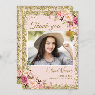 Gold Blush Pink Floral Foto Afstuderen Hartelijk d Kaart