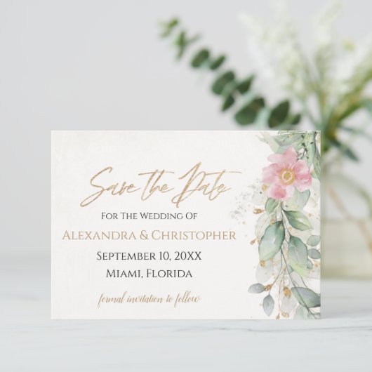 Gold & Blush Pink Floral Greeneral Save the Date (Staand voorkant)