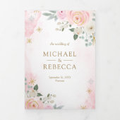 Gold Blush Pink Floral Photo QR Code Weddenschap Drieluik Uitnodiging (Cover)