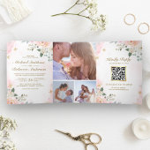 Gold Blush Pink Floral Photo QR Code Weddenschap Drieluik Uitnodiging