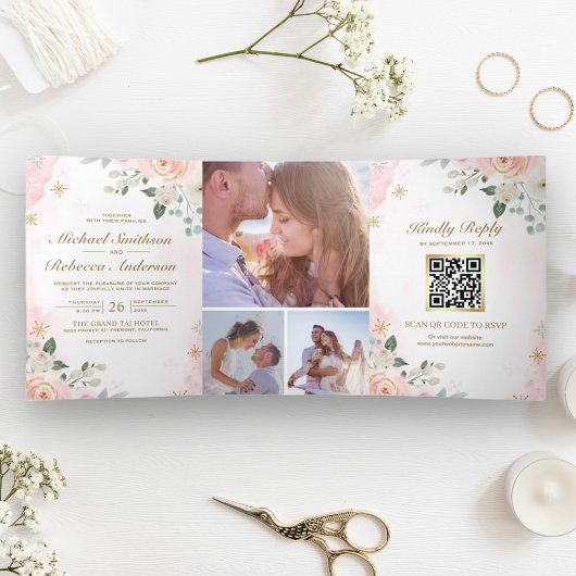 Gold Blush Pink Floral Photo QR Code Weddenschap Drieluik Uitnodiging