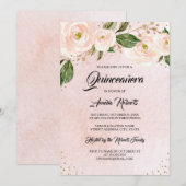 Gold Blush Pink Floral Quinceanera Birthday Kaart (Voorkant / Achterkant)