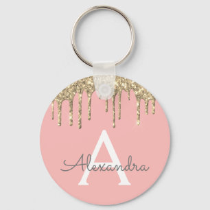 Gold Blush Pink Girly Sparkly Glitter Monogram Sleutelhanger