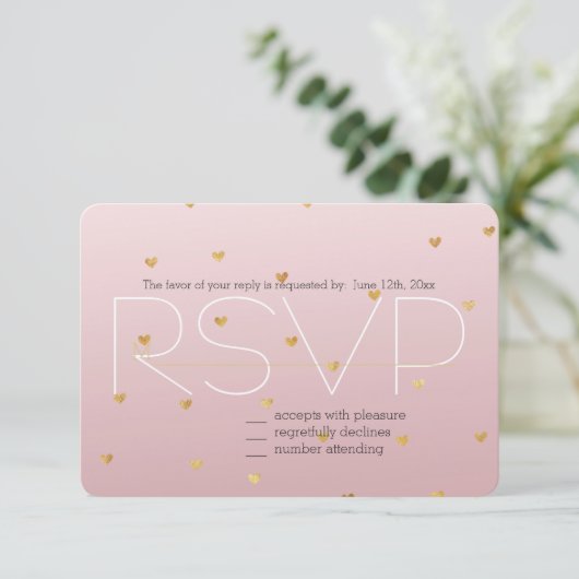 Gold Blush Pink Ombre Hearts RSVP (Staand voorkant)