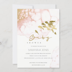 Gold Blush Pink Underwater Fish Baby shower Uitnod Bedankkaart