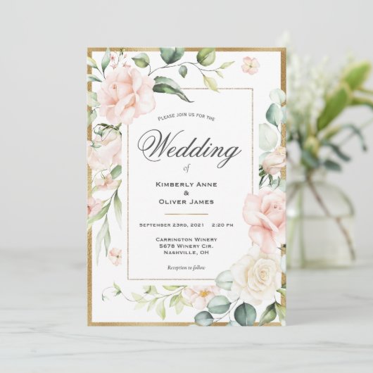 Gold Blush Pink Waterverf Romantic Floral Wedding Kaart (Staand voorkant)