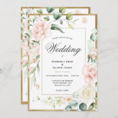 Gold Blush Pink Waterverf Romantic Floral Wedding Kaart (Voorkant / Achterkant)