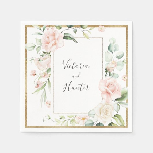 Gold Blush Pink Waterverf Romantic Floral Wedding Servet (Voorkant)