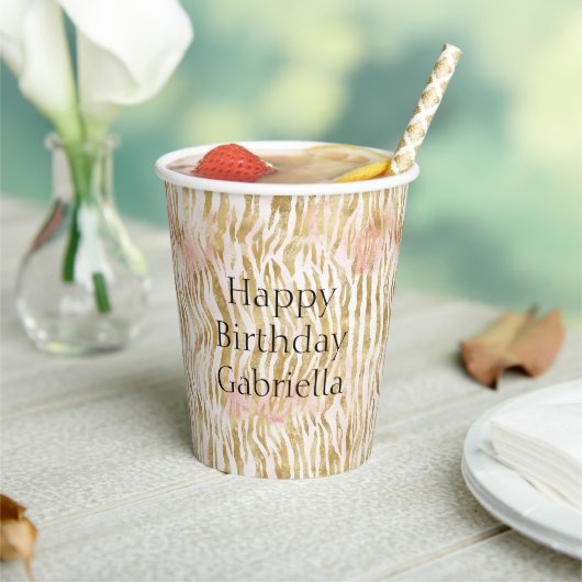 Gold Blush Pink Zebra Print Papieren Bekers (Insitu)