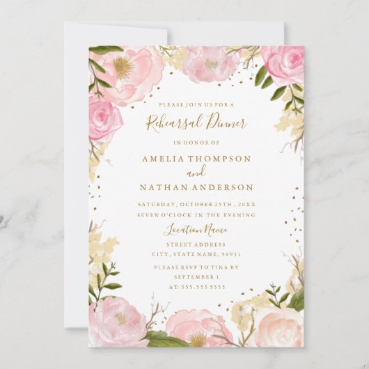 Gold Blush Roos Floral Wedding Rehearsal Dinner Kaart (Voorkant)
