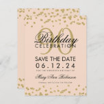 Gold Blush Roze 90th Birthday Save Date Confetti Kaart<br><div class="desc">Het elegante "90th Birthday Party"-ontwerp met Gold Faux Glitter Confetti Blush Pink en aangepaste naam en tekst met details. Eenvoudig te gebruiken en eenvoudig aan te passen. Bestel vandaag nog!</div>