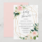 Gold Blush Roze Bloemen Baby shower Uitnodiging (Voorkant / Achterkant)