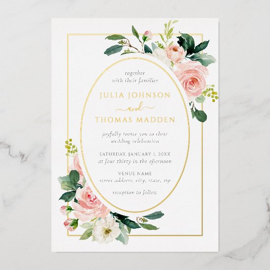 Gold Blush Roze Bloemen Lijst bruiloft Folie Uitnodiging (Voorkant)