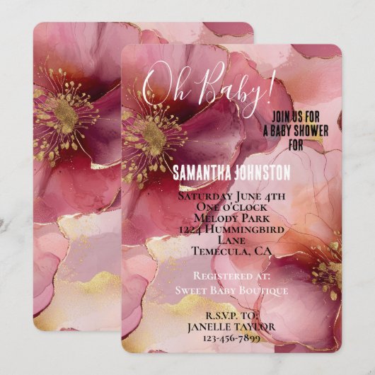 Gold Blush Roze Bourgogne Bloemen Baby shower Kaart (Voorkant / Achterkant)