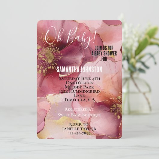 Gold Blush Roze Bourgogne Bloemen Baby shower Kaart (Staand voorkant)