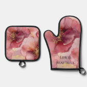 Gold Blush Roze Bourgogne Bloemen Vrijgezellenfees Ovenwant & Pannenlap Set (Voorkant)