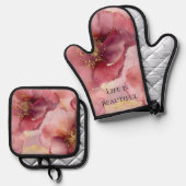 Gold Blush Roze Bourgogne Bloemen Vrijgezellenfees Ovenwant & Pannenlap Set (Voorkant / Achterkant)