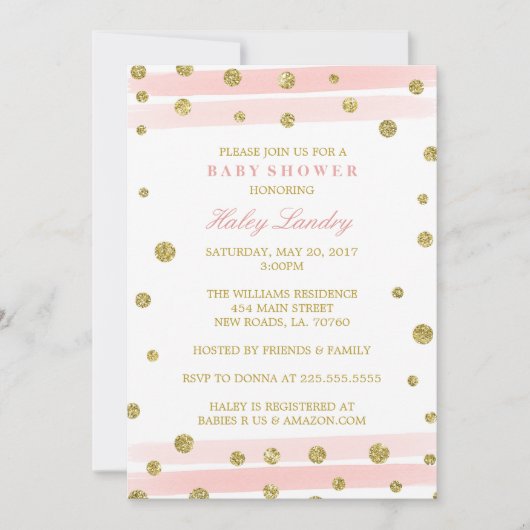 Gold + Blush Roze Waterverf Baby shower Uitnodigt Kaart (Voorkant)