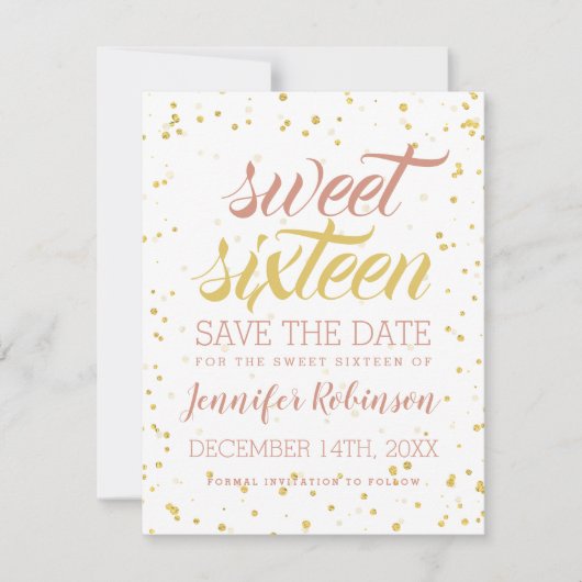 Gold & Blush Sweet 16 Save Date Sparkle Confetti Save The Date (Voorkant)