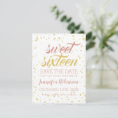Gold & Blush Sweet 16 Save Date Sparkle Confetti Save The Date (Staand voorkant)