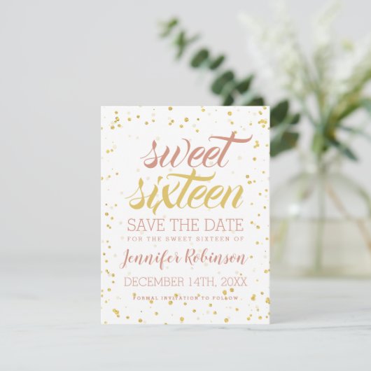Gold & Blush Sweet 16 Save Date Sparkle Confetti Save The Date (Staand voorkant)