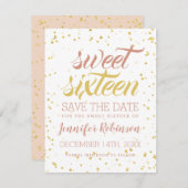 Gold & Blush Sweet 16 Save Date Sparkle Confetti Save The Date (Voorkant / Achterkant)