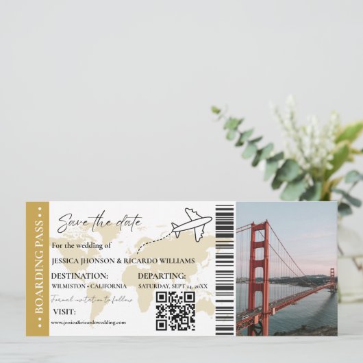 Gold Boarding pass bruiloft opslaan van de datum t Kaart (Staand voorkant)