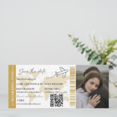 Gold Boarding pass bruiloft opslaan van de datum t Kaart (Staand voorkant)