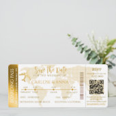 Gold boarding Pass Destination Wedding QR code Kaart (Staand voorkant)