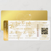 Gold boarding Pass Destination Wedding QR code Kaart (Voorkant / Achterkant)