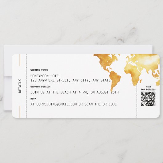 Gold boarding Pass Destination Wedding QR code Kaart (Achterkant)