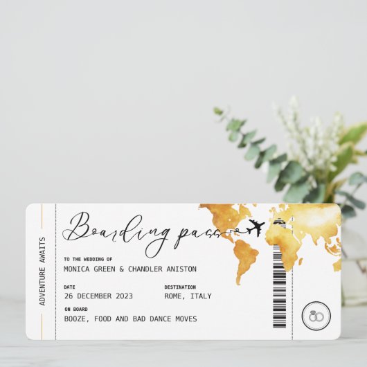 Gold boarding Pass Destination Wedding QR code Kaart (Staand voorkant)